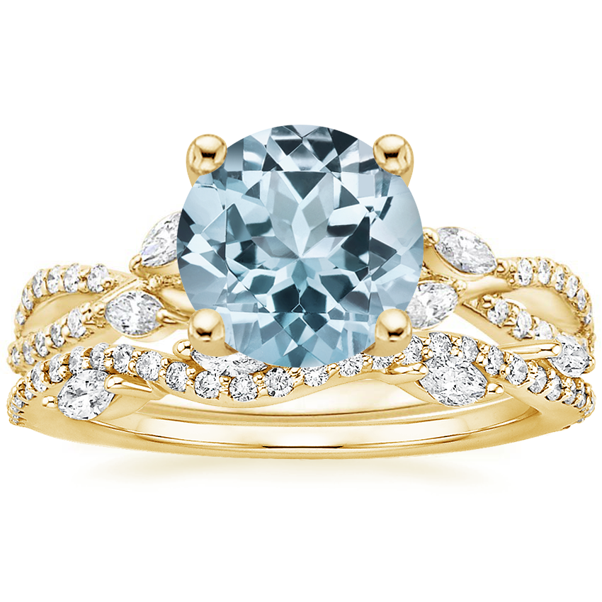 18KY Aquamarine Luxe Willow Diamond Ring (1/4 ct. tw.) with Luxe Winding Willow Diamond Ring (1/4 ct. tw.), top view