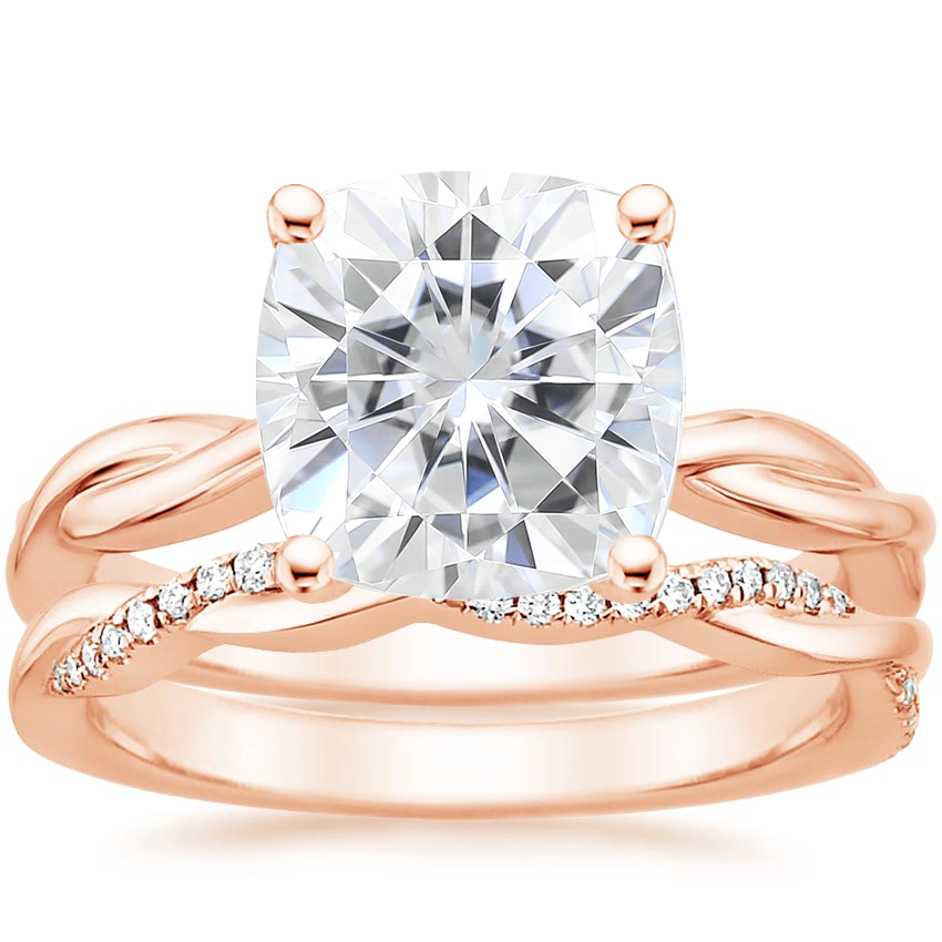 14KR Moissanite Twisted Vine Ring with Petite Twisted Vine Diamond Ring (1/8 ct. tw.), top view