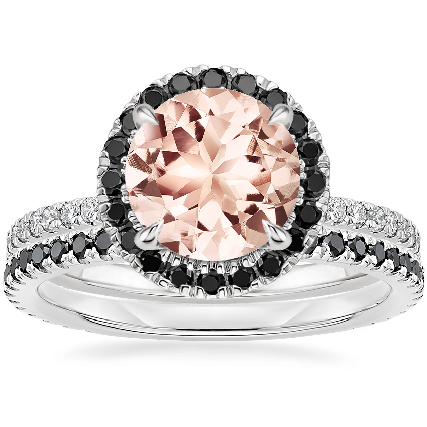18KW Morganite Waverly Diamond Ring with Black Diamond Accents with Luxe Ballad Black Diamond Ring, top view