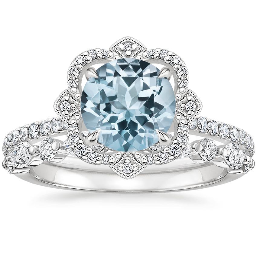 18KW Aquamarine Reina Diamond Ring with Versailles Diamond Ring (3/8 ct. tw.), top view