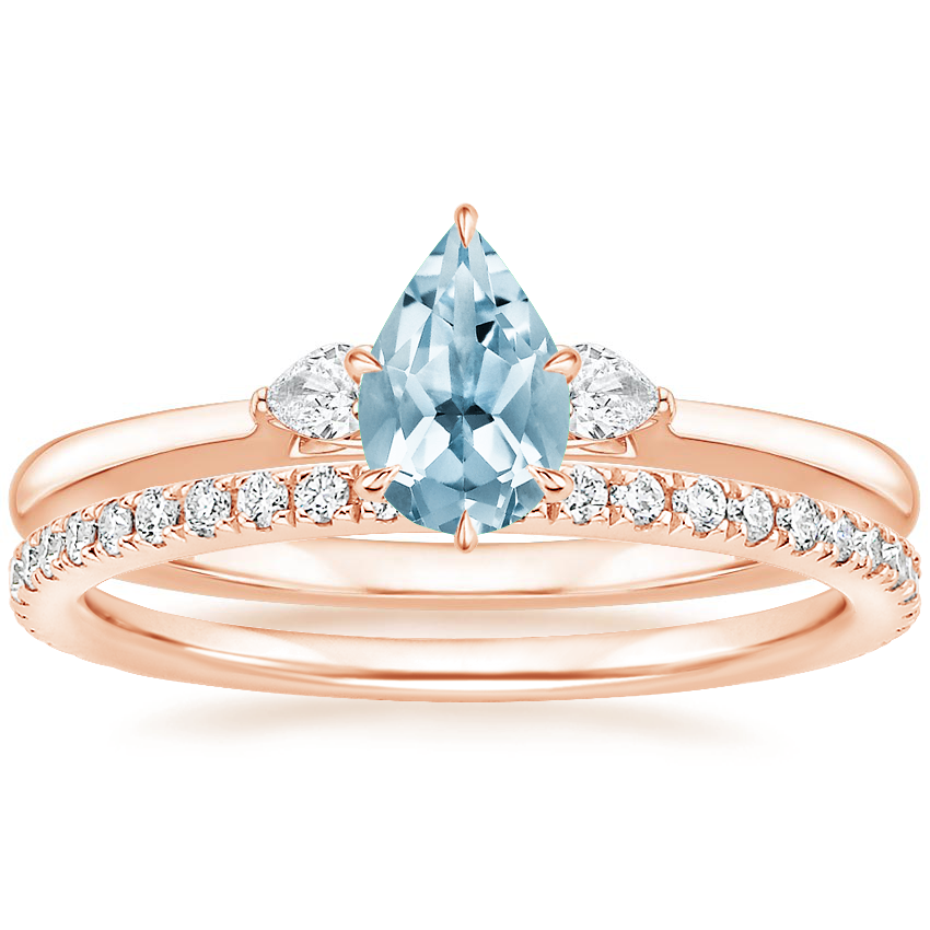 14KR Aquamarine Perfect Fit Three Stone Pear Diamond Ring with Luxe Ballad Diamond Ring, top view