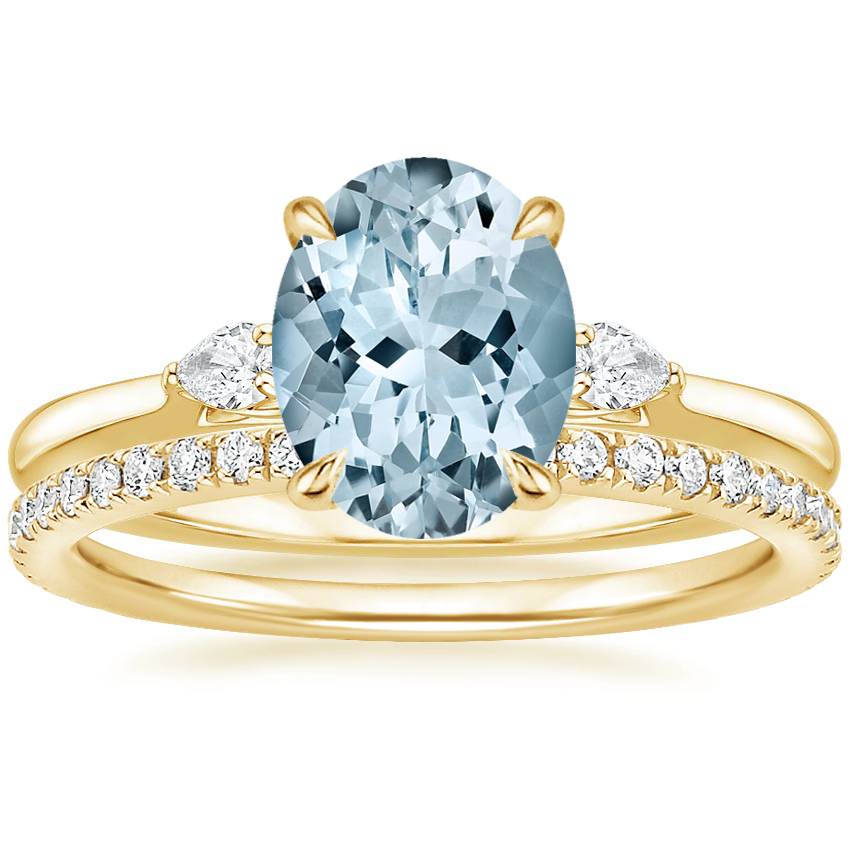18KY Aquamarine Perfect Fit Three Stone Pear Diamond Ring with Luxe Ballad Diamond Ring, top view