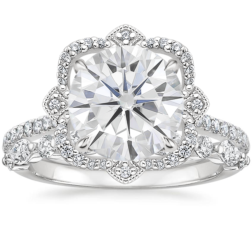 18KW Moissanite Reina Diamond Ring with Versailles Diamond Ring (3/8 ct. tw.), top view