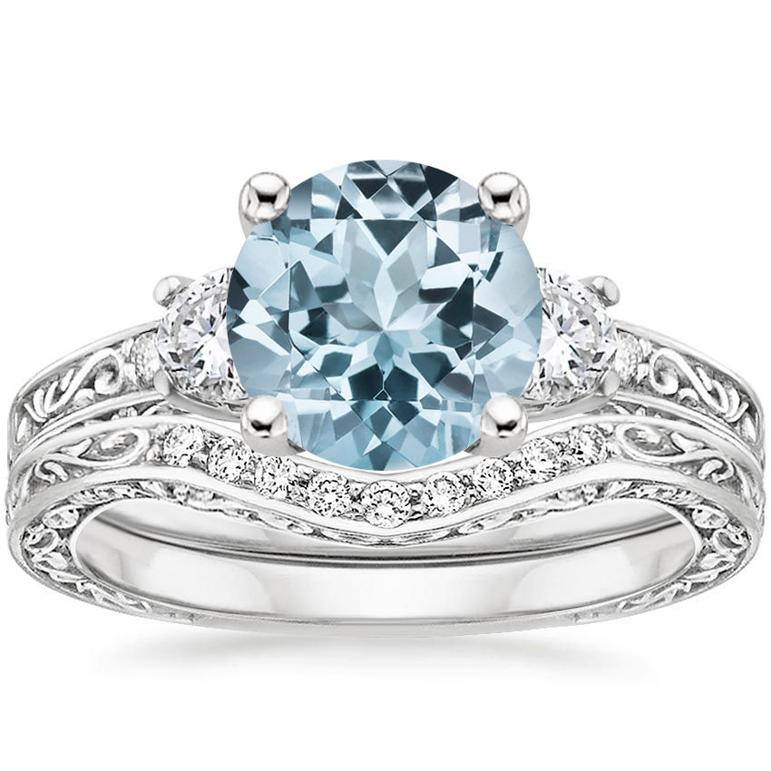 18KW Aquamarine Antique Scroll Three Stone Trellis Diamond Bridal Set, top view