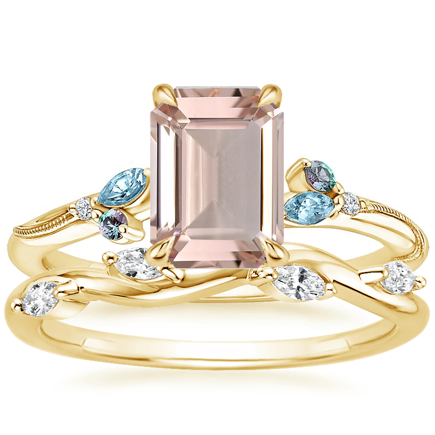 18K Yellow Gold Camellia Indigo Milgrain Ring with Winding Willow Diamond Ring