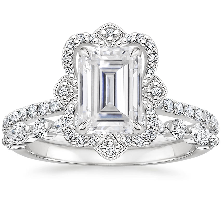 18KW Moissanite Reina Diamond Ring with Versailles Diamond Ring (3/8 ct. tw.), top view