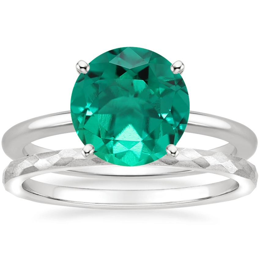 Platinum Four-Prong Petite Comfort Fit Ring with Matte Hammered Petite Comfort Fit Wedding Ring