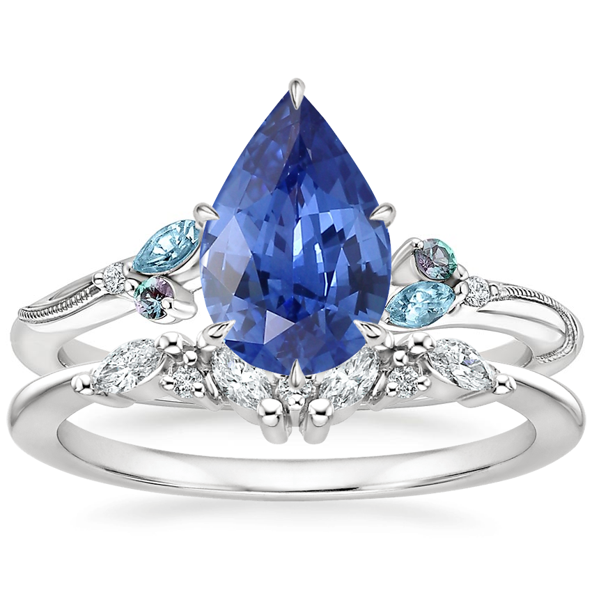 18K White Gold Camellia Indigo Milgrain Ring with Yvette Diamond Ring