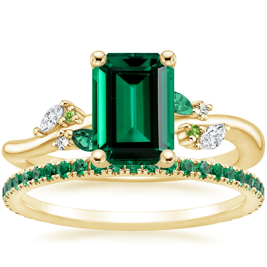 18K Yellow Gold Arden Diamond Ring with Lab Emerald Accents with Luxe Ballad Emerald Ring
