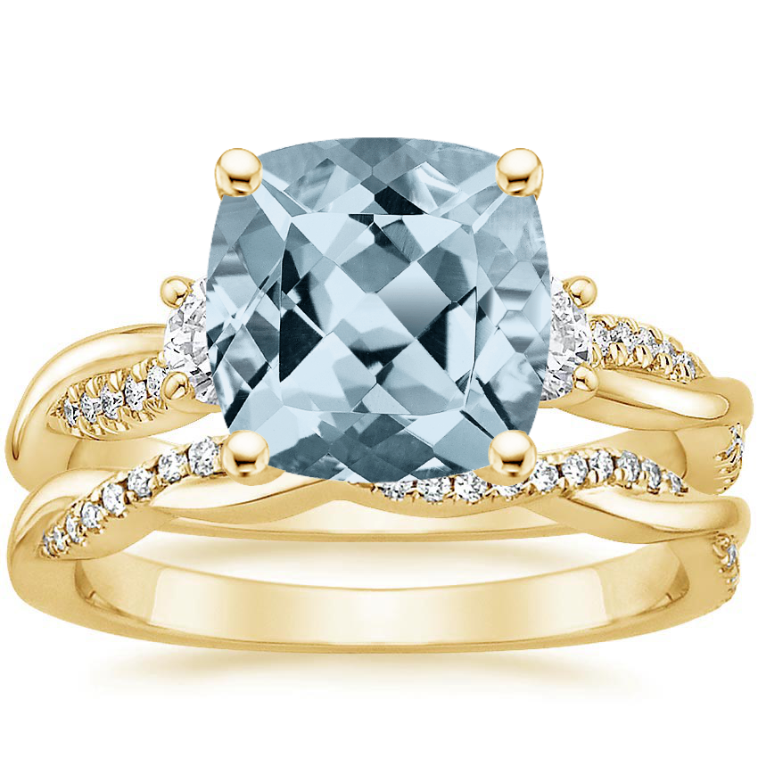 18KY Aquamarine Three Stone Petite Twisted Vine Diamond Bridal Set (1/2 ct. tw.), top view