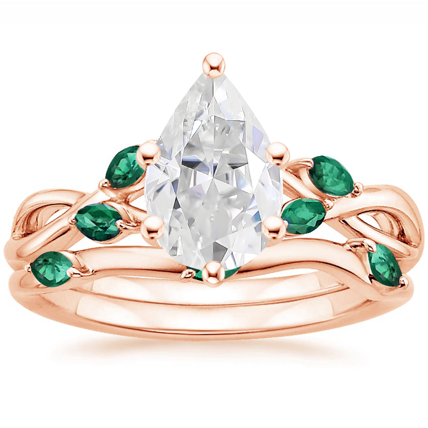 14KR Moissanite Willow Bridal Set With Lab Emerald Accents, top view