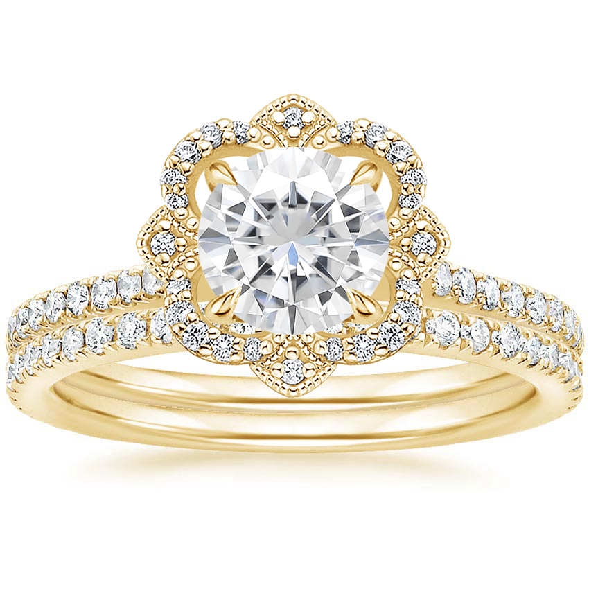 18KY Moissanite Reina Diamond Ring with Luxe Ballad Diamond Ring (1/4 ct. tw.), top view