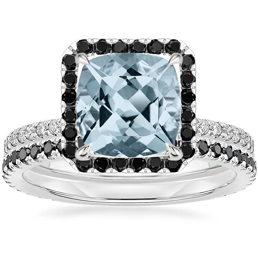 18KW Aquamarine Waverly Diamond Ring with Black Diamond Accents with Luxe Ballad Black Diamond Ring, top view