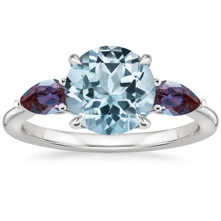 Aquamarine Opera Ring with Lab Alexandrite Accents in 18K White Gold