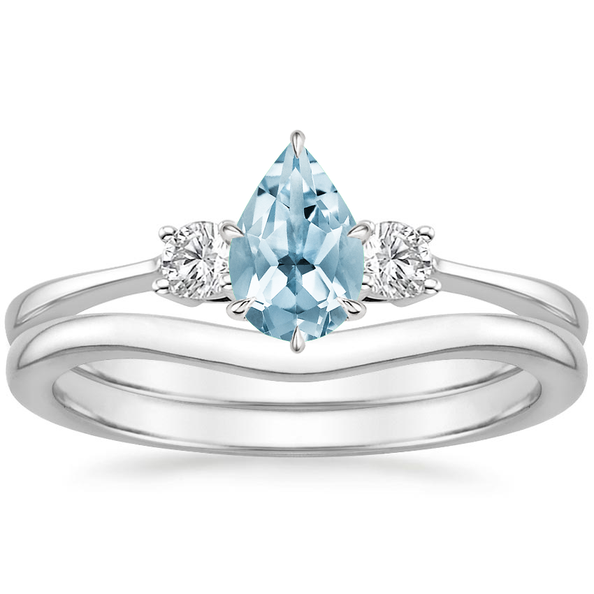 18KW Aquamarine Selene Diamond Ring (1/10 ct. tw.) with Petite Curved Wedding Ring, top view