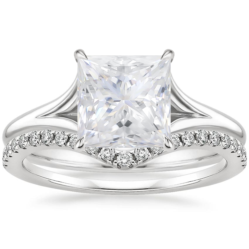 18KW Moissanite Reverie Ring with Flair Diamond Ring (1/6 ct. tw.), top view