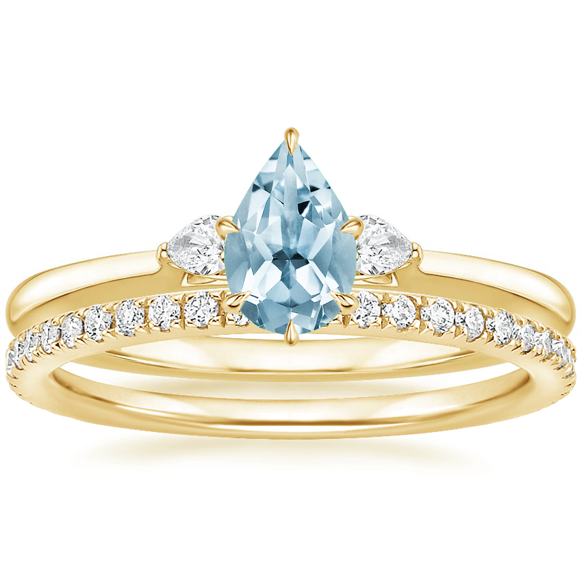 18KY Aquamarine Perfect Fit Three Stone Pear Diamond Ring with Luxe Ballad Diamond Ring, top view