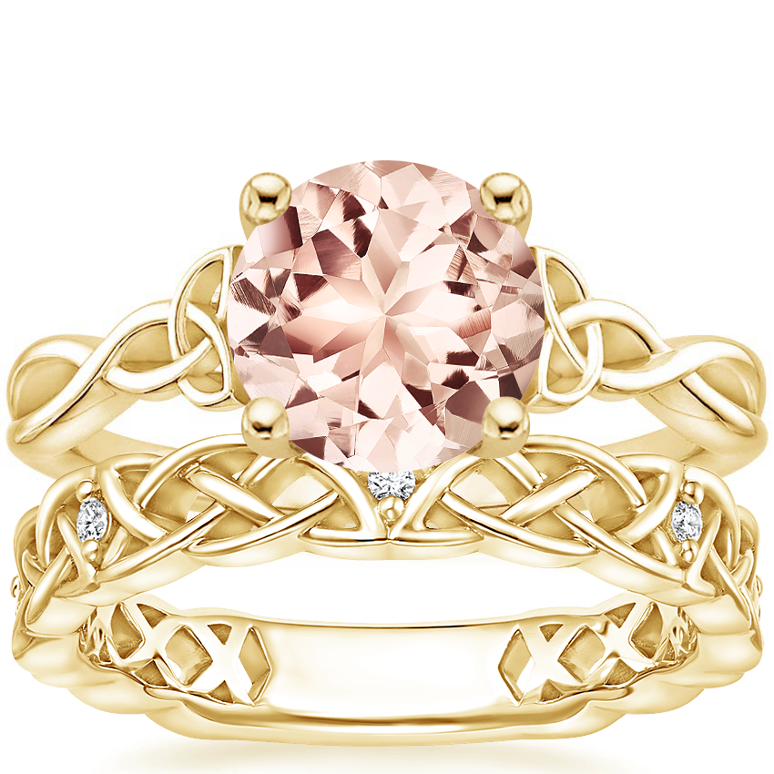 18KY Morganite Entwined Celtic Love Knot Ring with Celtic Knot Diamond Ring, top view