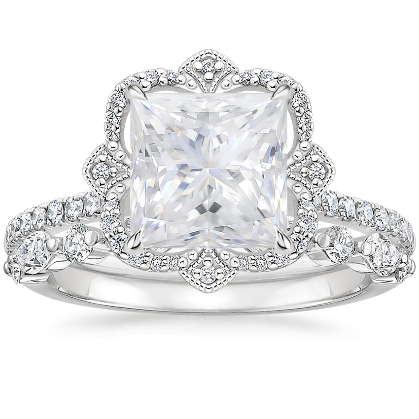 18KW Moissanite Reina Diamond Ring with Versailles Diamond Ring (3/8 ct. tw.), top view