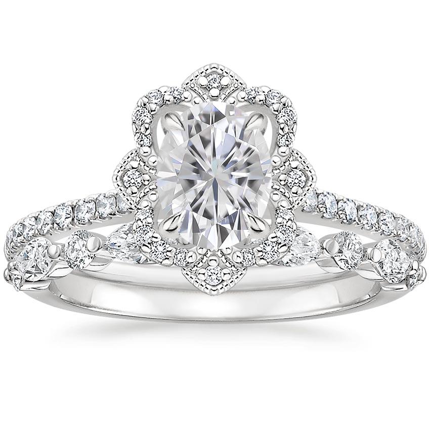 18KW Moissanite Reina Diamond Ring with Versailles Diamond Ring (3/8 ct. tw.), top view