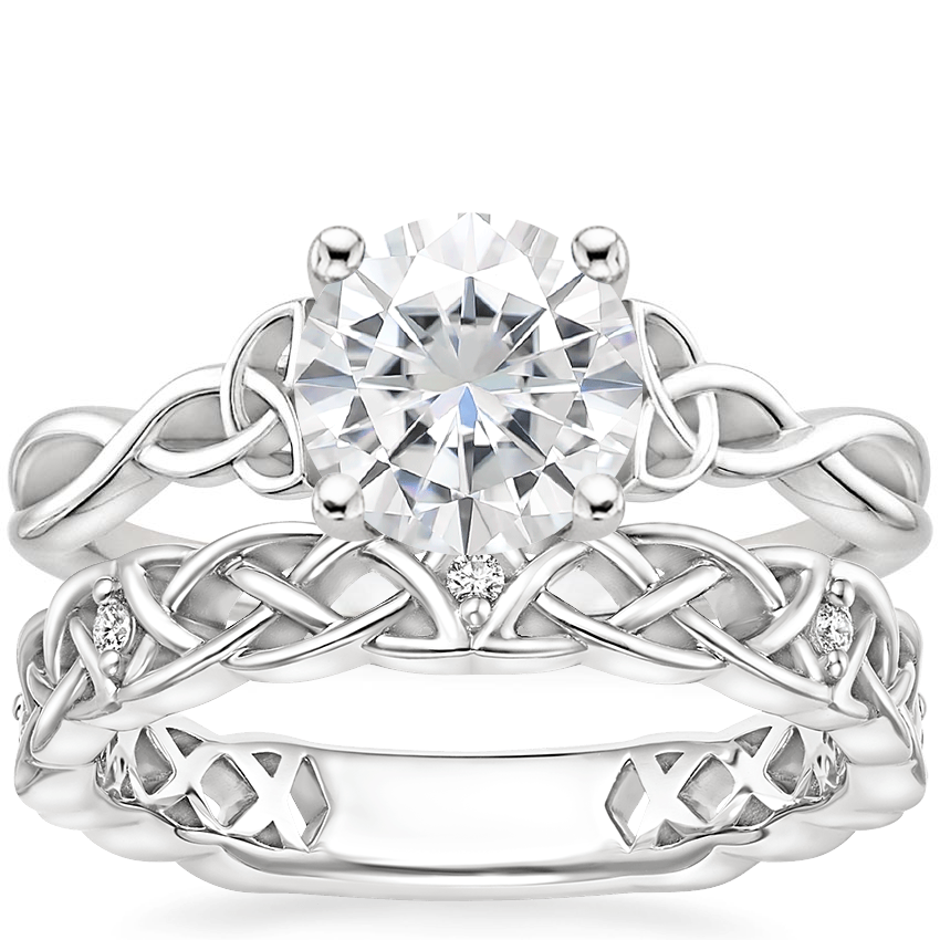 18KW Moissanite Entwined Celtic Love Knot Ring with Celtic Knot Diamond Ring, top view