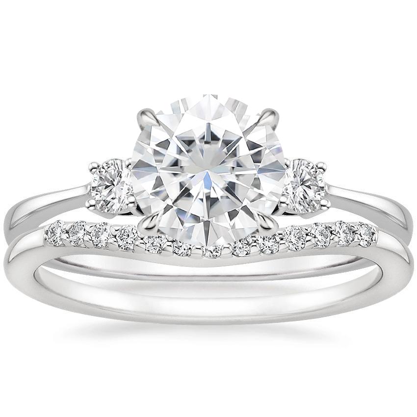 18KW Moissanite Selene Diamond Ring with Petite Curved Diamond Ring, top view