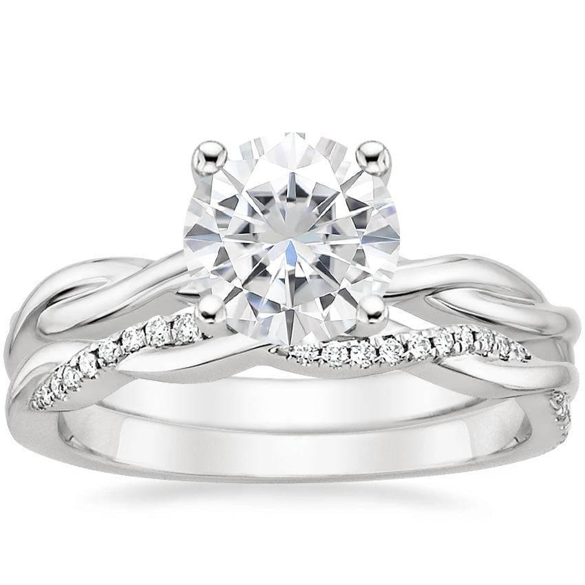 18KW Moissanite Twisted Vine Ring with Petite Twisted Vine Diamond Ring (1/8 ct. tw.), top view