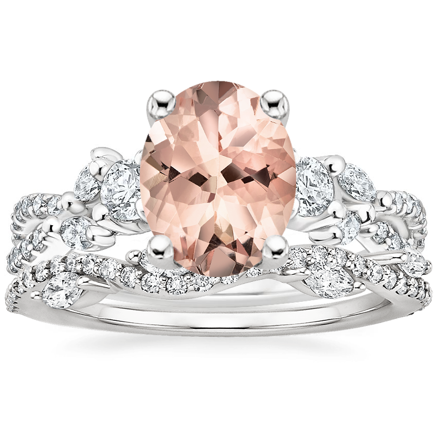 18KW Morganite Three Stone Luxe Willow Diamond Ring with Luxe Winding Willow Diamond Ring, top view
