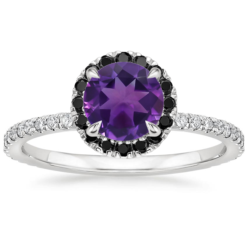 18K White Gold Waverly Halo Diamond Ring with Black Diamond Accents, large top view