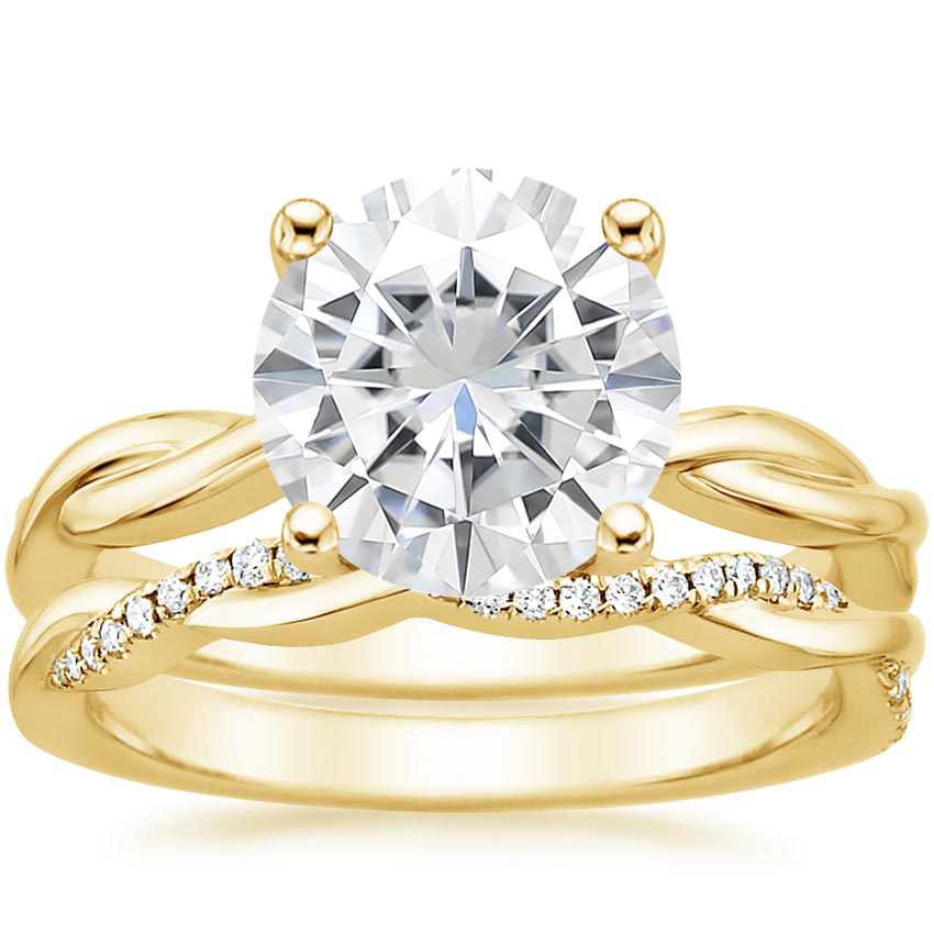 18KY Moissanite Twisted Vine Ring with Petite Twisted Vine Diamond Ring (1/8 ct. tw.), top view