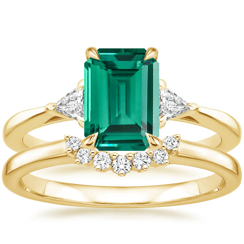 14K Yellow Gold Trillion Three Stone Diamond Ring with Crescent Diamond Ring