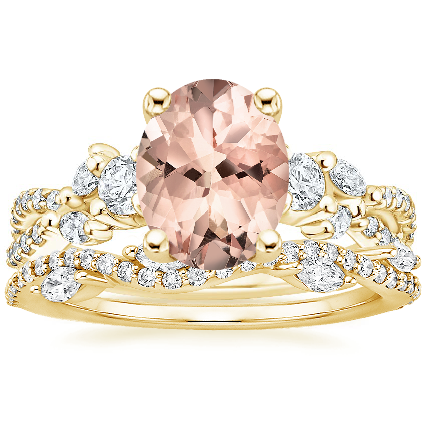 18KY Morganite Three Stone Luxe Willow Diamond Ring with Luxe Winding Willow Diamond Ring, top view
