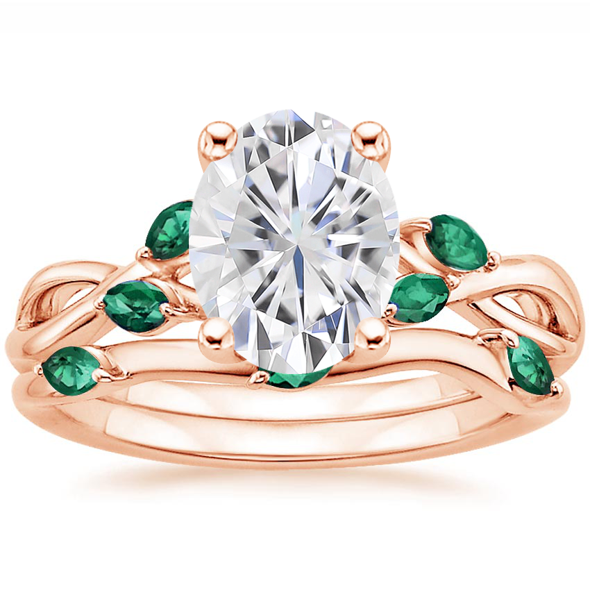14KR Moissanite Willow Bridal Set With Lab Emerald Accents, top view