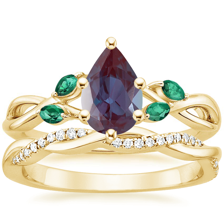 18K Yellow Gold Willow Ring With Lab Emerald Accents with Petite Twisted Vine Diamond Ring (1/8 ct. tw.)