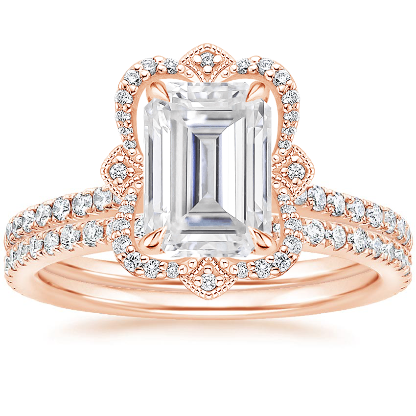 14KR Moissanite Reina Diamond Ring with Luxe Ballad Diamond Ring (1/4 ct. tw.), top view