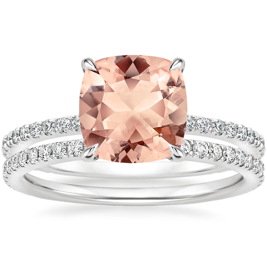 18KW Morganite Demi Diamond Ring with Luxe Ballad Diamond Ring, top view
