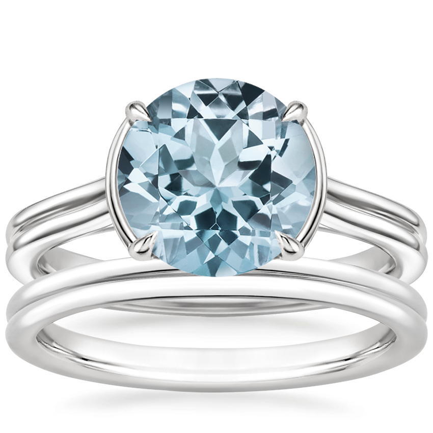 18KW Aquamarine Jade Trau Alure Solitaire Ring with Sorella Double Wedding Ring, top view