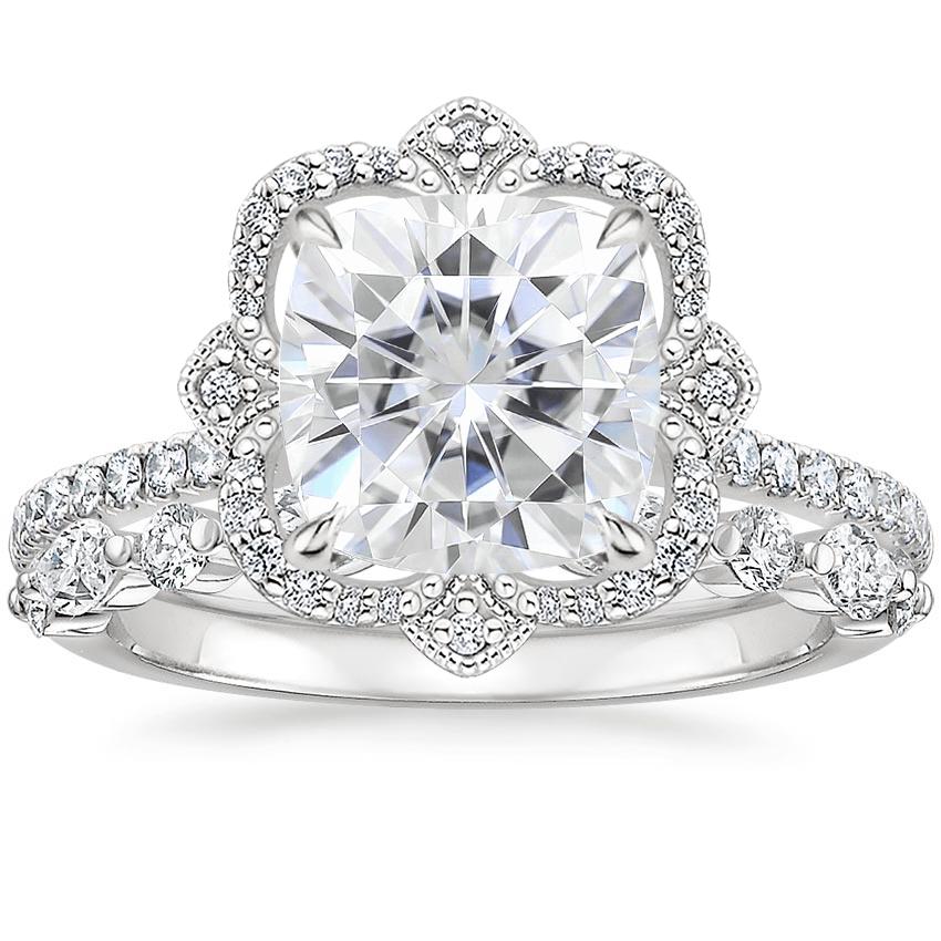 18KW Moissanite Reina Diamond Ring with Versailles Diamond Ring (3/8 ct. tw.), top view