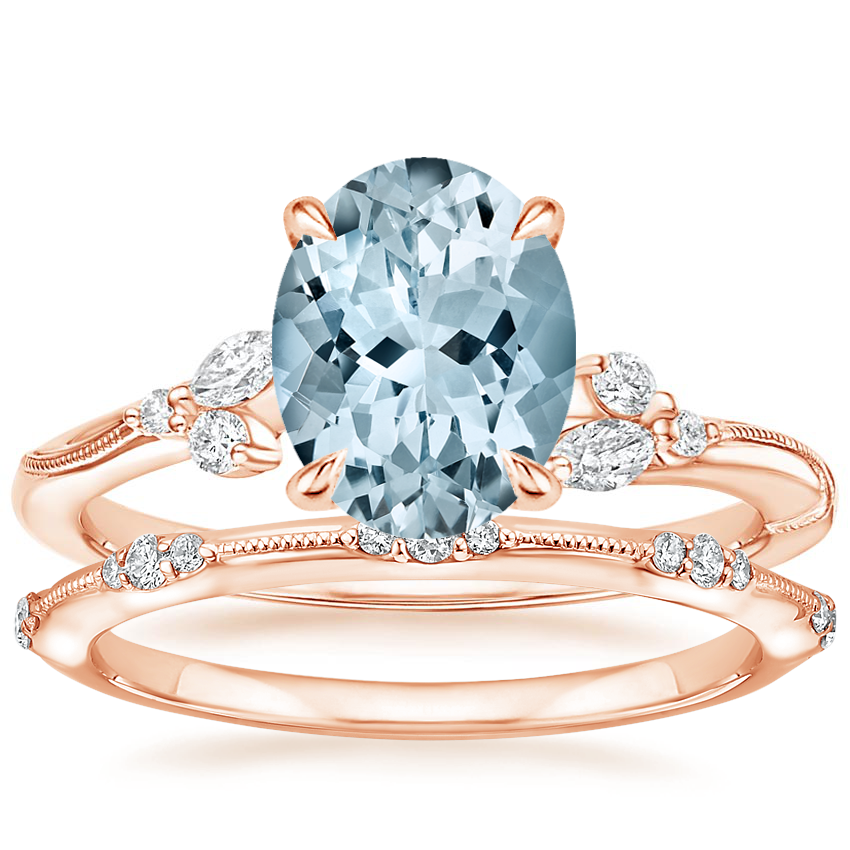 14KR Aquamarine Camellia Diamond Ring with Alena Diamond Ring, top view