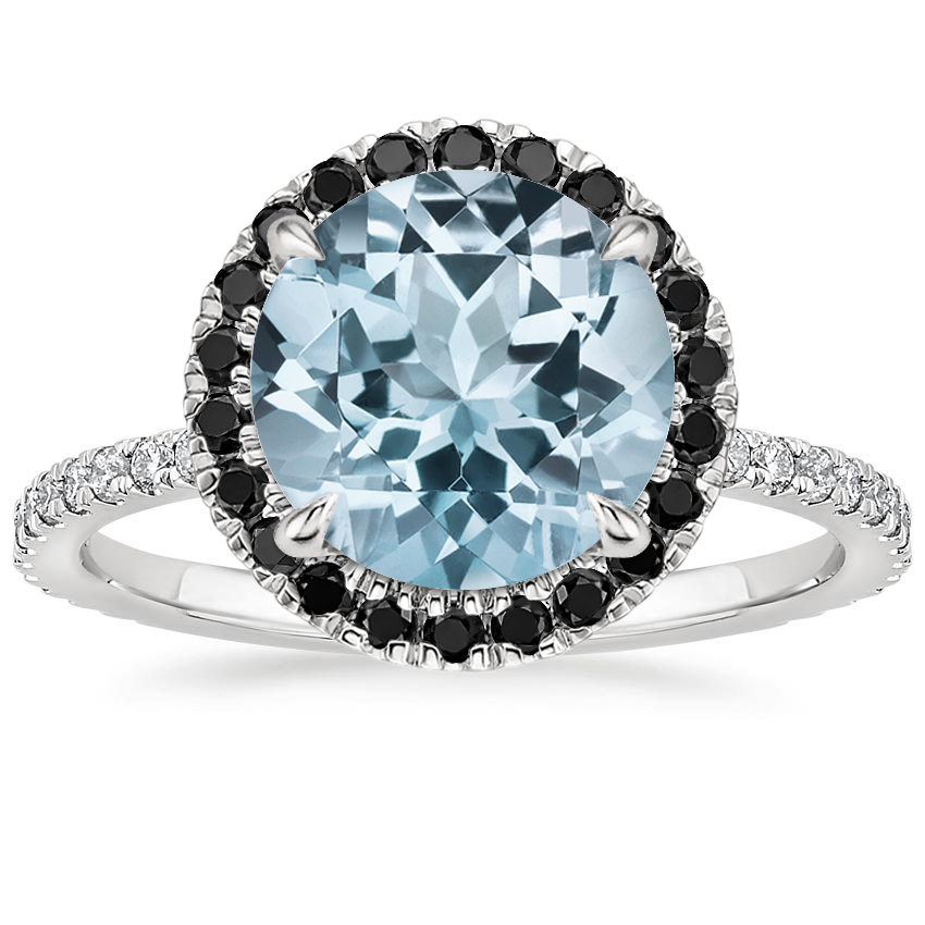 Aquamarine Waverly Diamond Ring with Black Diamond Accents in 18K White Gold