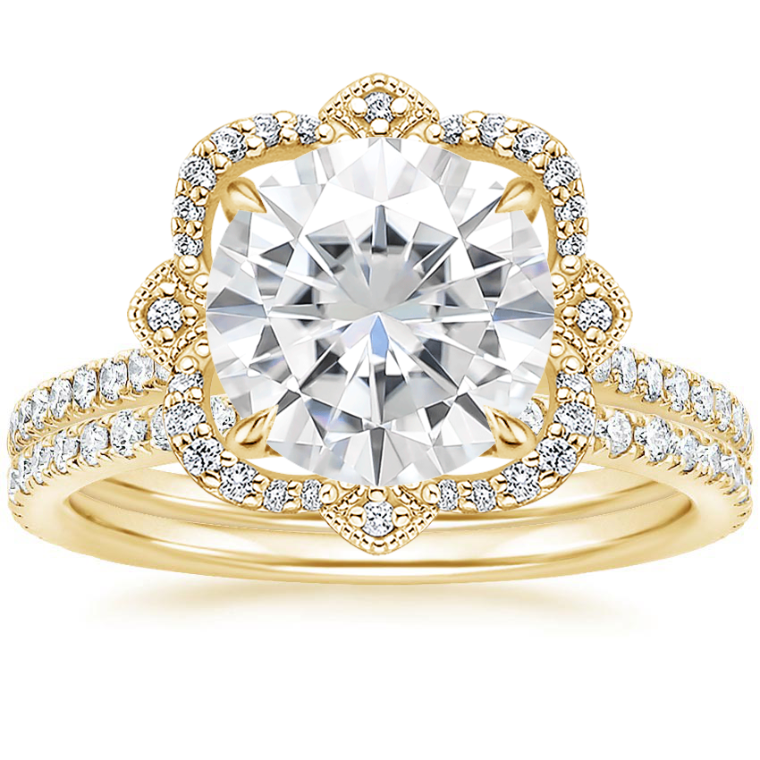 18KY Moissanite Reina Diamond Ring with Luxe Ballad Diamond Ring (1/4 ct. tw.), top view
