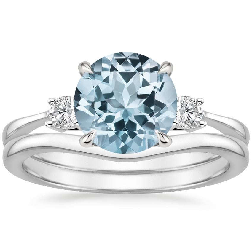 18KW Aquamarine Selene Diamond Ring (1/10 ct. tw.) with Petite Curved Wedding Ring, top view