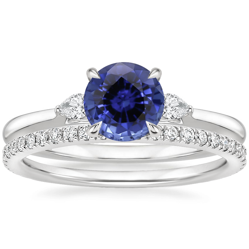 18KW Sapphire Perfect Fit Three Stone Pear Diamond Ring with Luxe Ballad Diamond Ring, top view