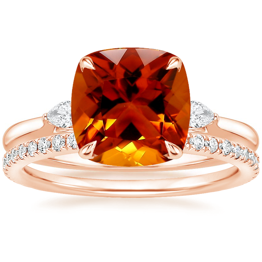 14K Rose Gold Perfect Fit Three Stone Pear Diamond Ring with Luxe Ballad Diamond Ring