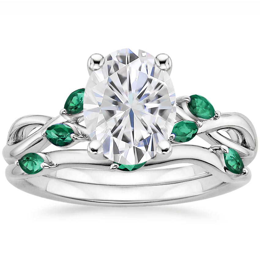 PT Moissanite Willow Bridal Set With Lab Emerald Accents, top view