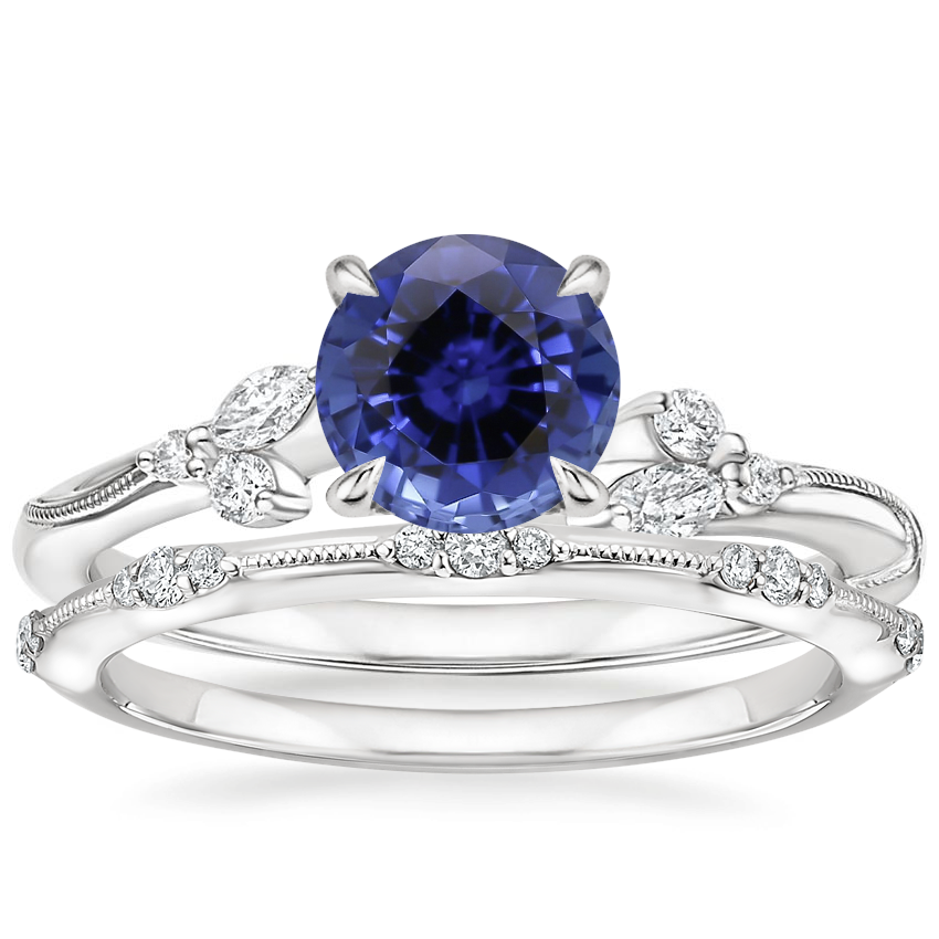 18KW Sapphire Camellia Diamond Ring with Alena Diamond Ring, top view