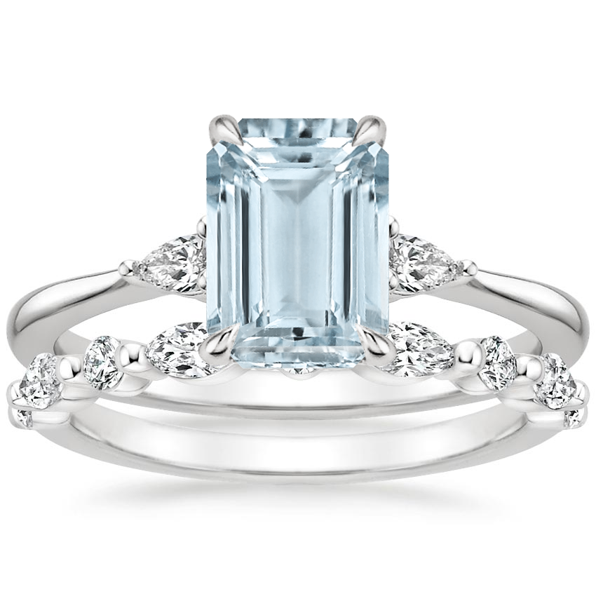 18KW Aquamarine Aria Diamond Ring (1/10 ct. tw.) with Versailles Diamond Ring (3/8 ct. tw.), top view