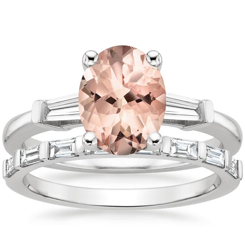 18KW Morganite Tapered Baguette Diamond Ring (1/5 ct. tw.) with Barre Diamond Ring (1/4 ct. tw.), top view