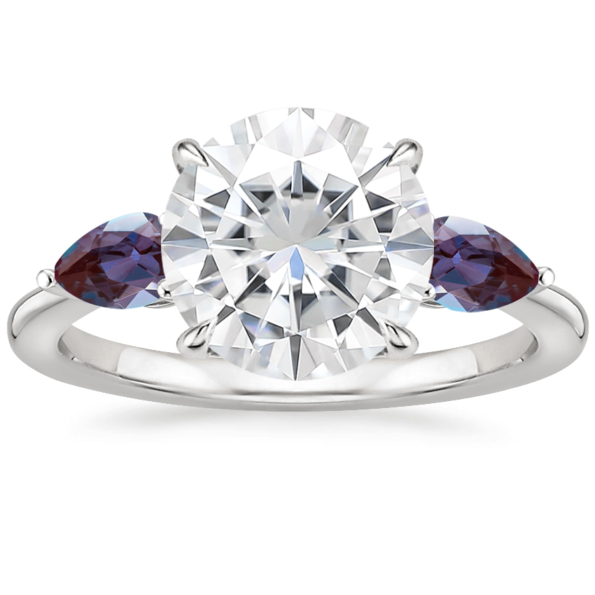 Moissanite Opera Ring with Lab Alexandrite Accents in Platinum