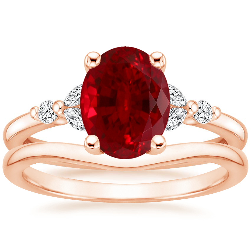 14K Rose Gold Verbena Diamond Ring with Petite Curved Wedding Ring